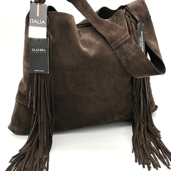 Claudia Firenze Emma Fringe Italian Calf Leather Suede Shoulder Bag Purse Brown - Picture 1 of 7